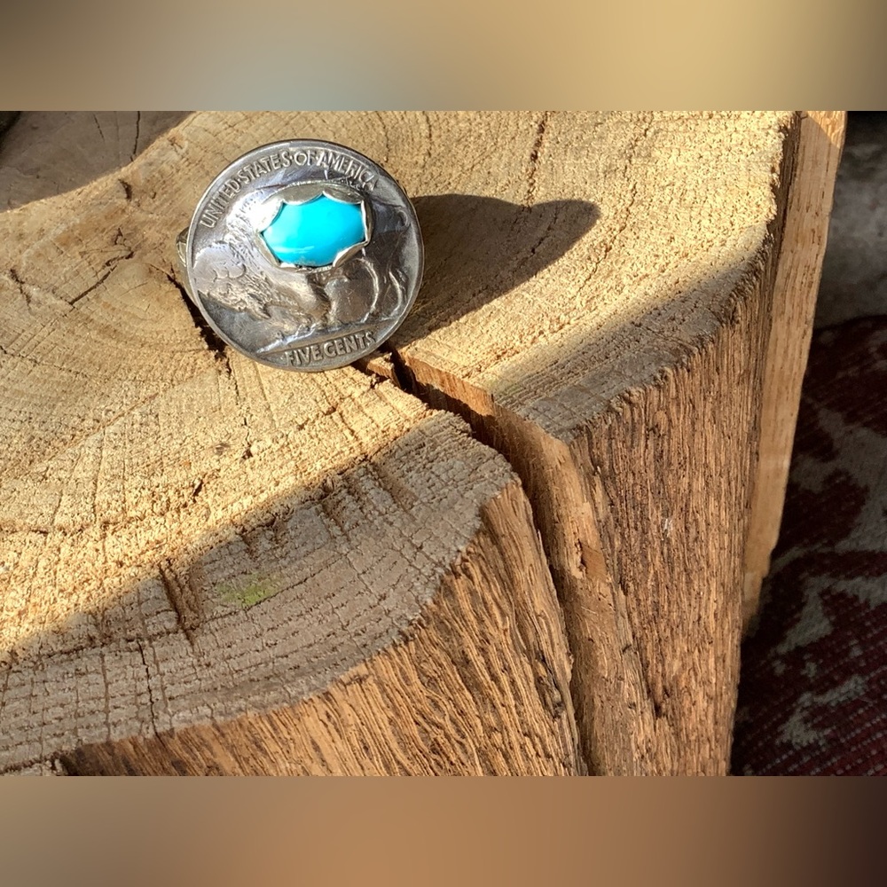 Sterling Coin Ring Turquoise Stone - size 8
